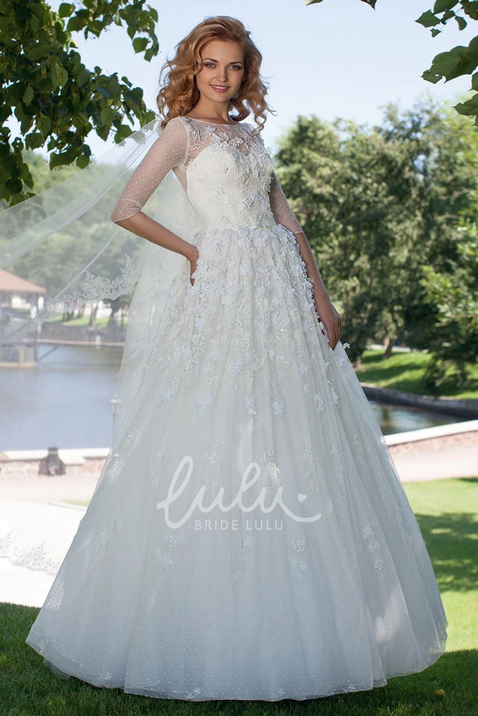 Tulle A-Line Wedding Dress with Bateau Neckline and Half Sleeves