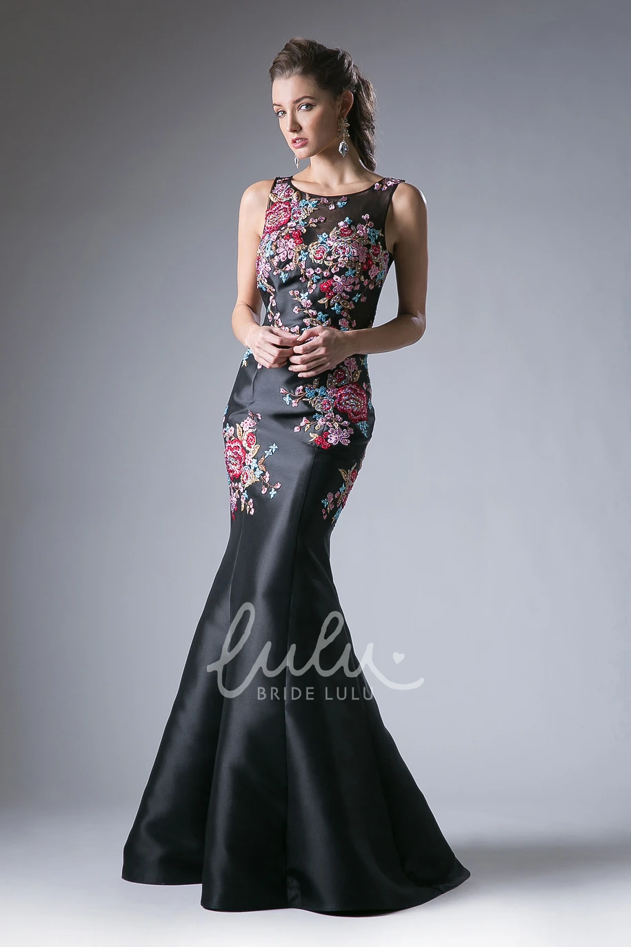 Satin Mermaid Sleeveless Dress with Appliques and Waist Jewelry for Formal