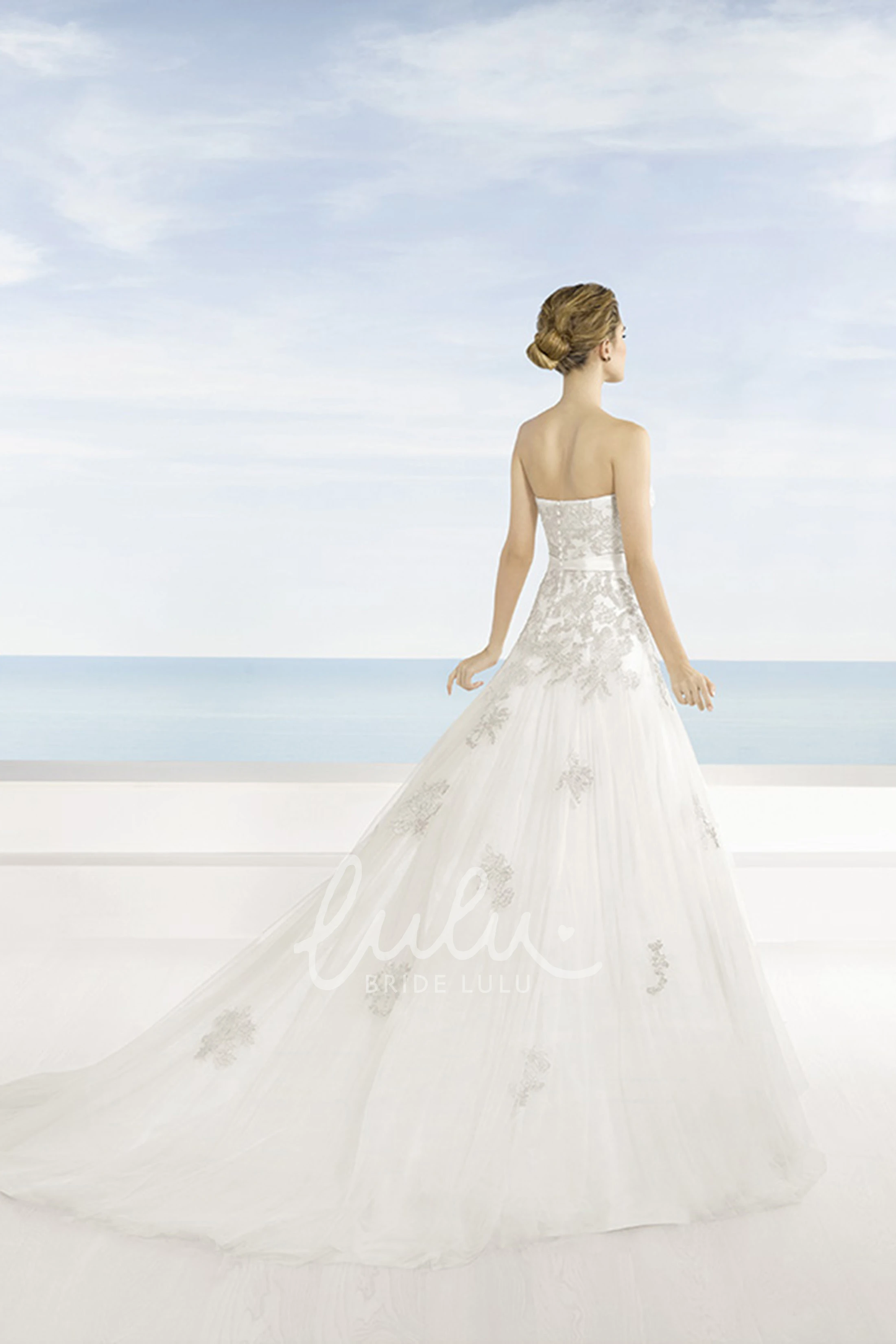 Strapless Tulle Wedding Dress with Appliques and Chapel Train A-Line