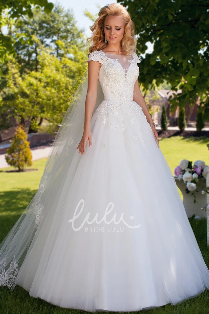 Appliqued Tulle Wedding Dress Ball Gown Cap Sleeve Bateau Neck