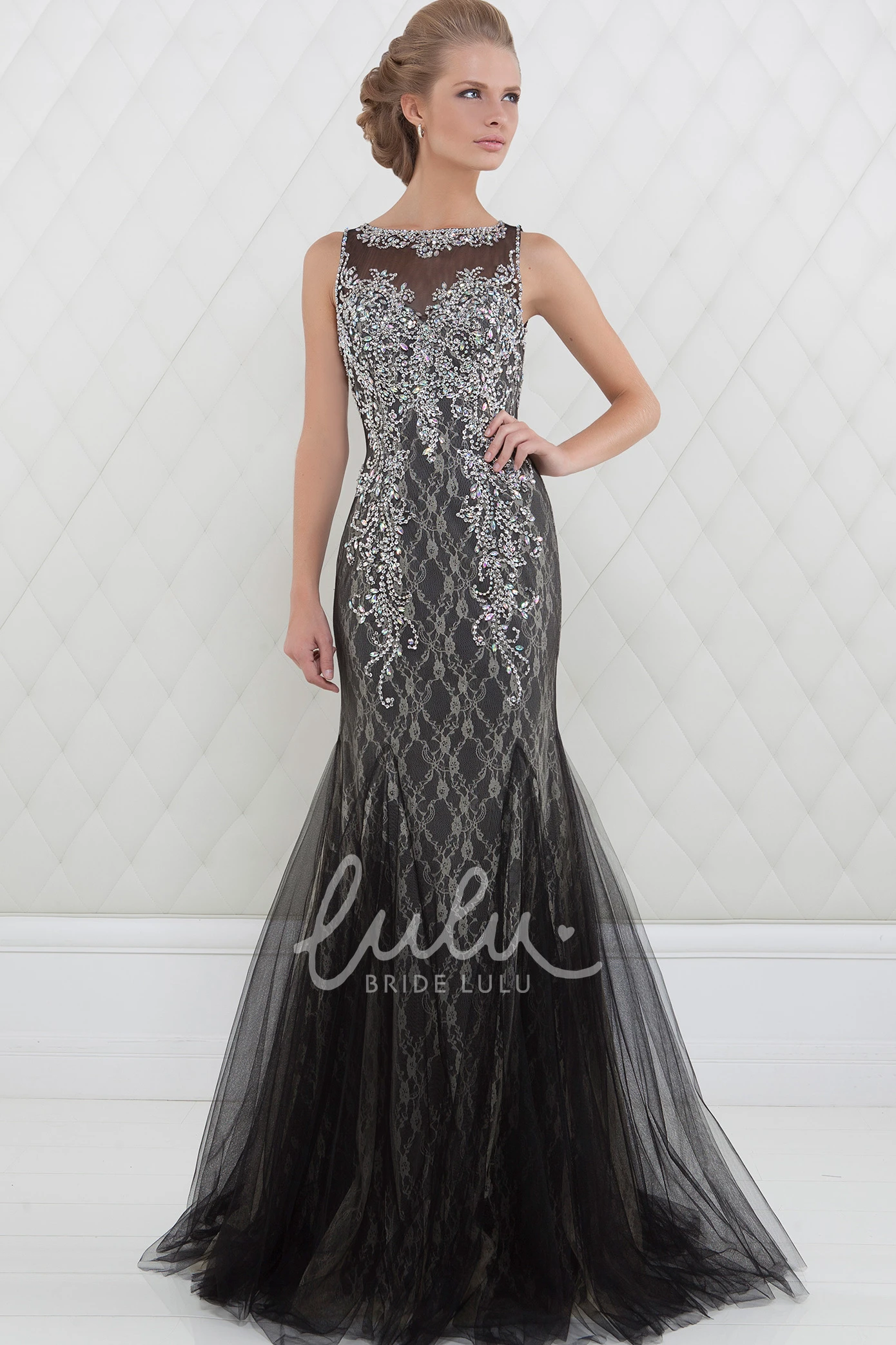 Trumpet Beaded Floor-Length Sleeveless Tulle Prom Dress With Lace Lace Trumpet Tulle Prom Dress