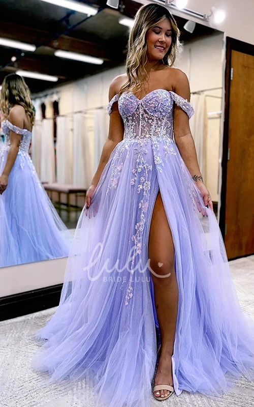 Lace Tulle Off-shoulder Prom Dress with Open Back Beach Style
