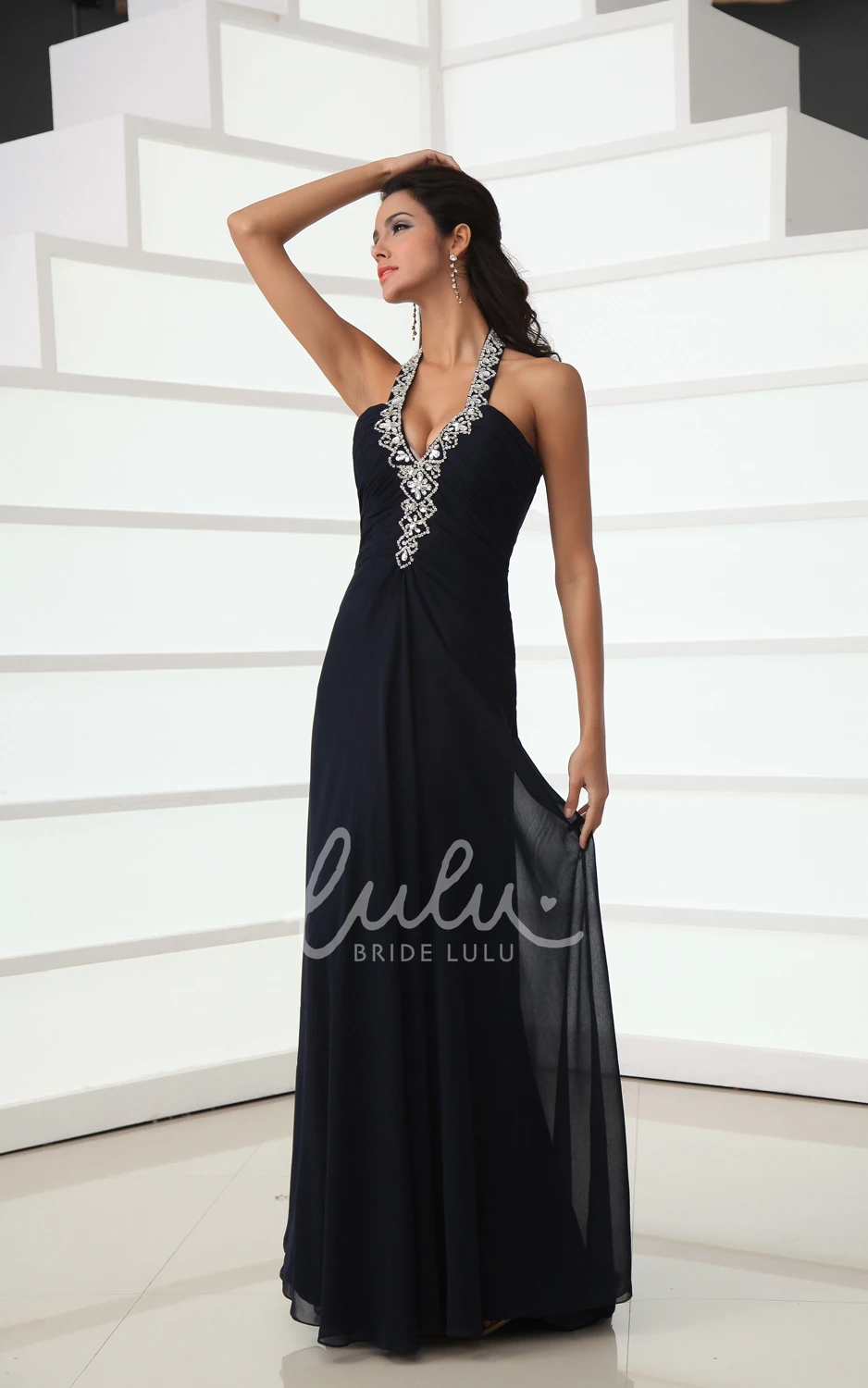 Halter Back Crystal A-Line Formal Formal Dress