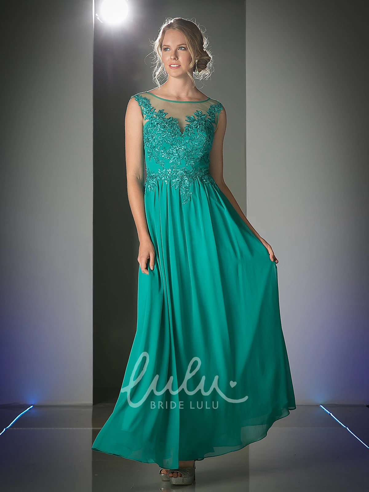 Scoop-Neck Sleeveless Sheath Dress with Appliques and Illusion in Chiffon Fabric