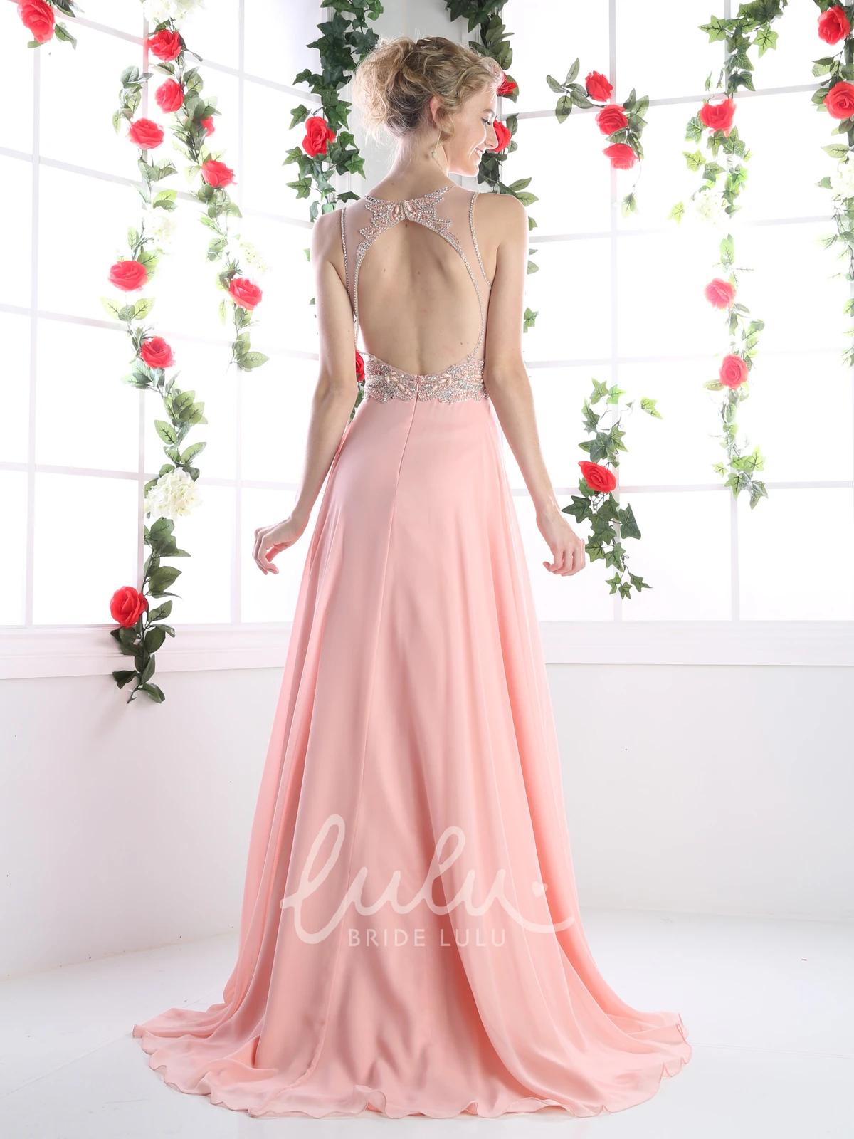 Sleeveless Chiffon A-Line Dress with Keyhole Ruching and Beading Prom Dress