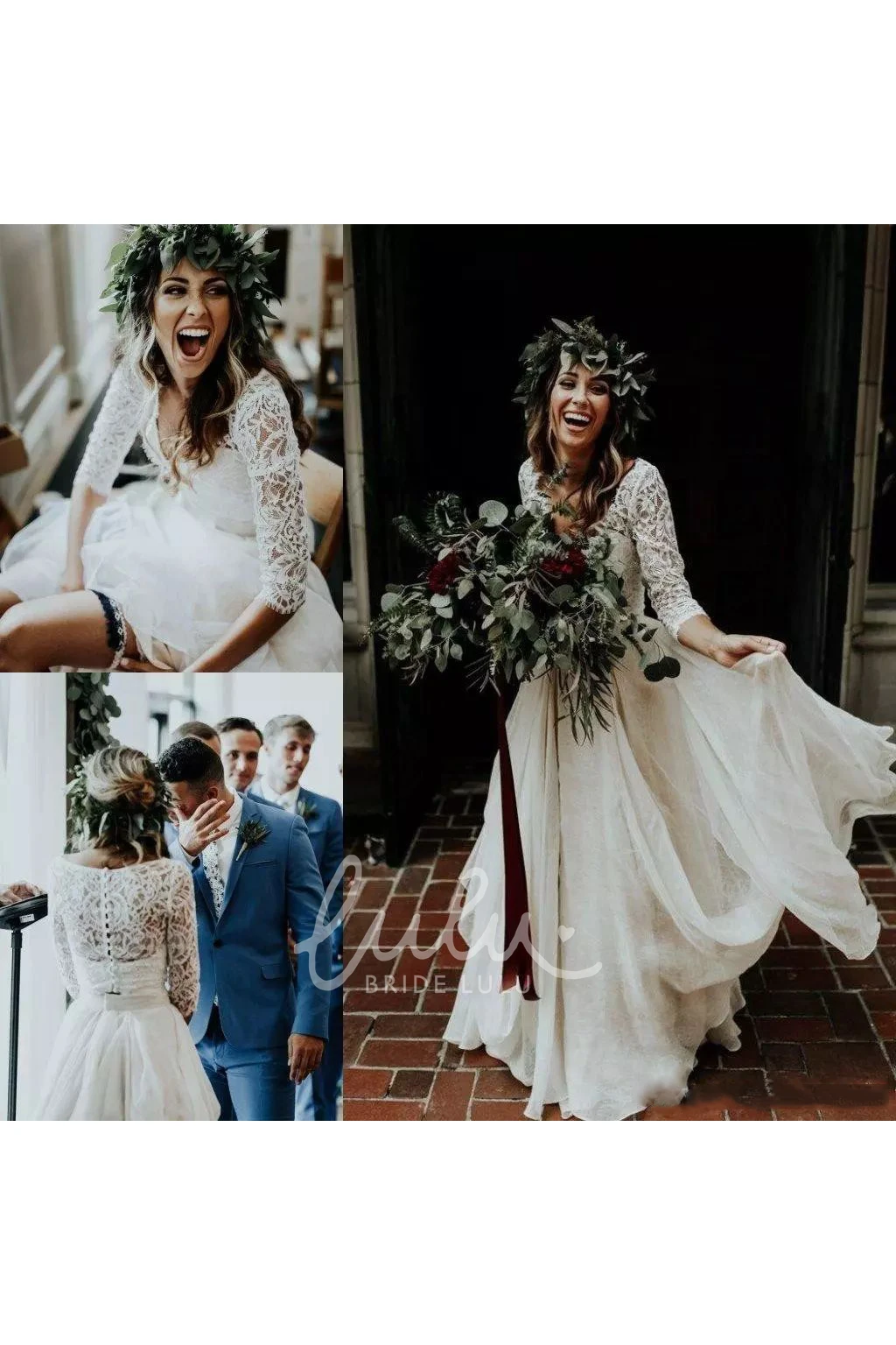 Two Piece Lace Wedding Dress with Ruching V-neck and Sweep Brush Train