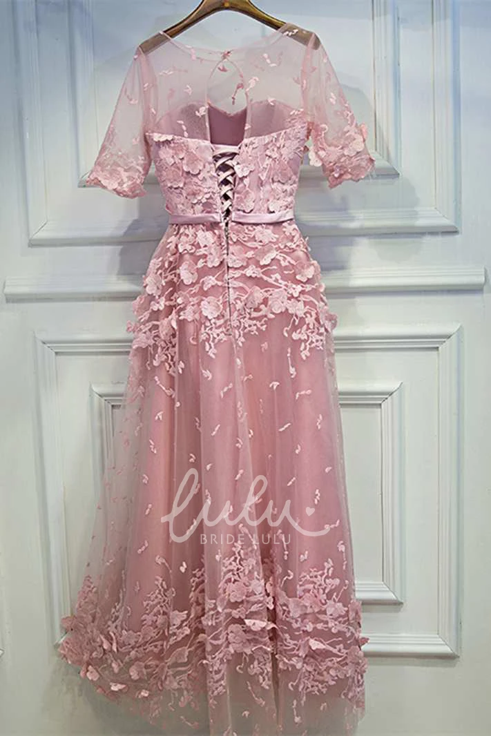 A-Line Lace Dress Half Sleeve Scoop Neck with Sash