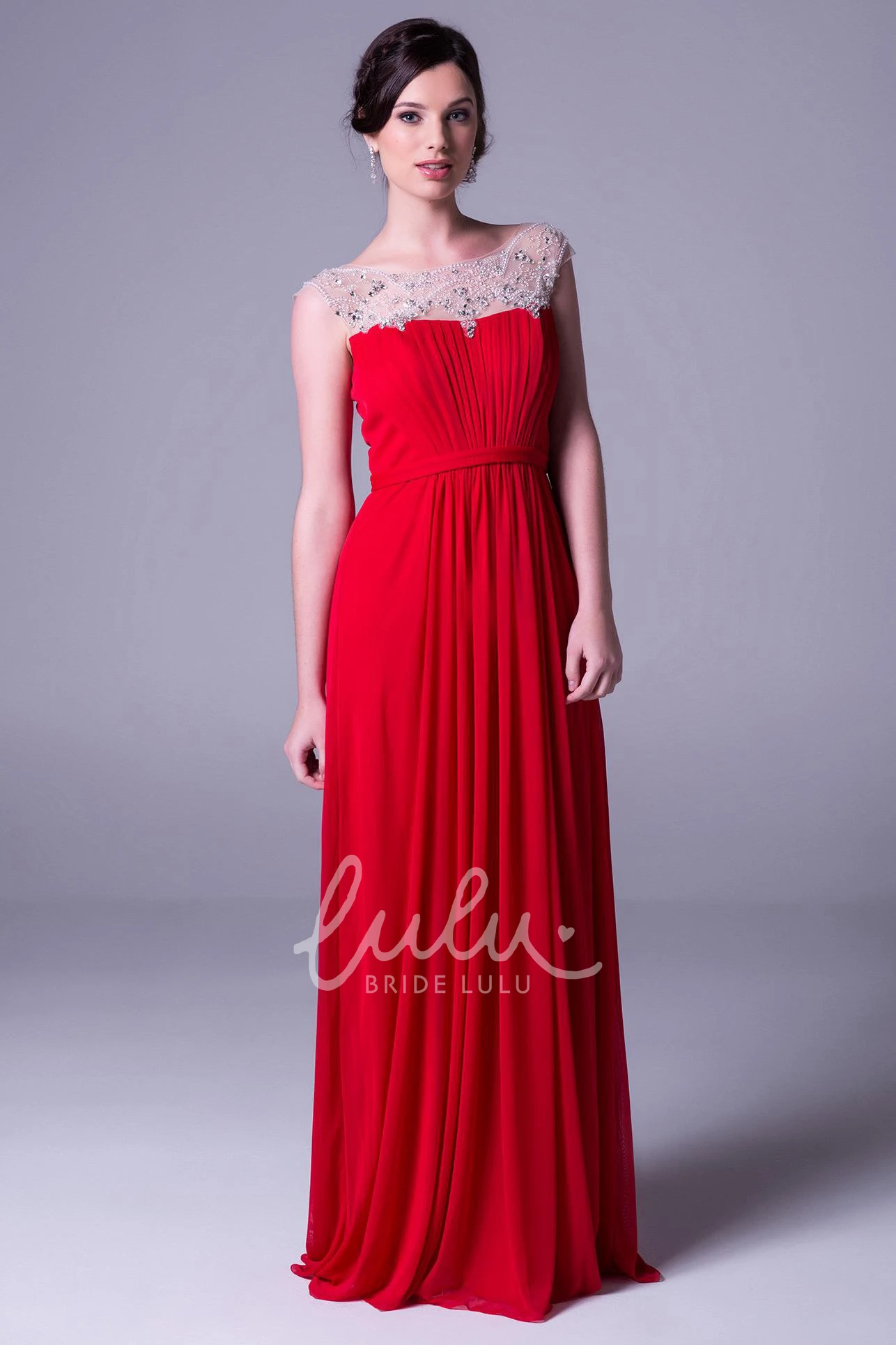 Chiffon Floor-Length Cap-Sleeve Prom Dress with Beaded Sheath and Bateau Neckline