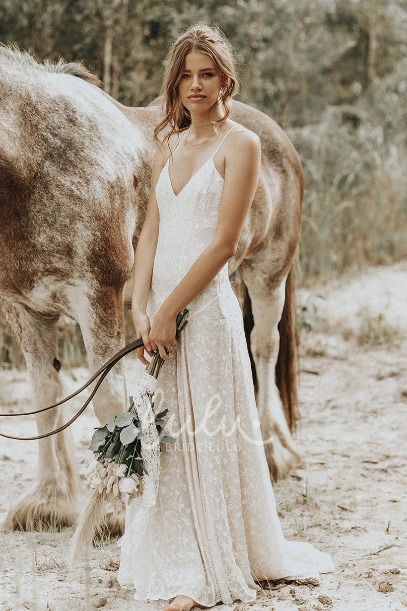Sheath Lace V-neck Wedding Dress with Spaghetti Straps and Open Back
