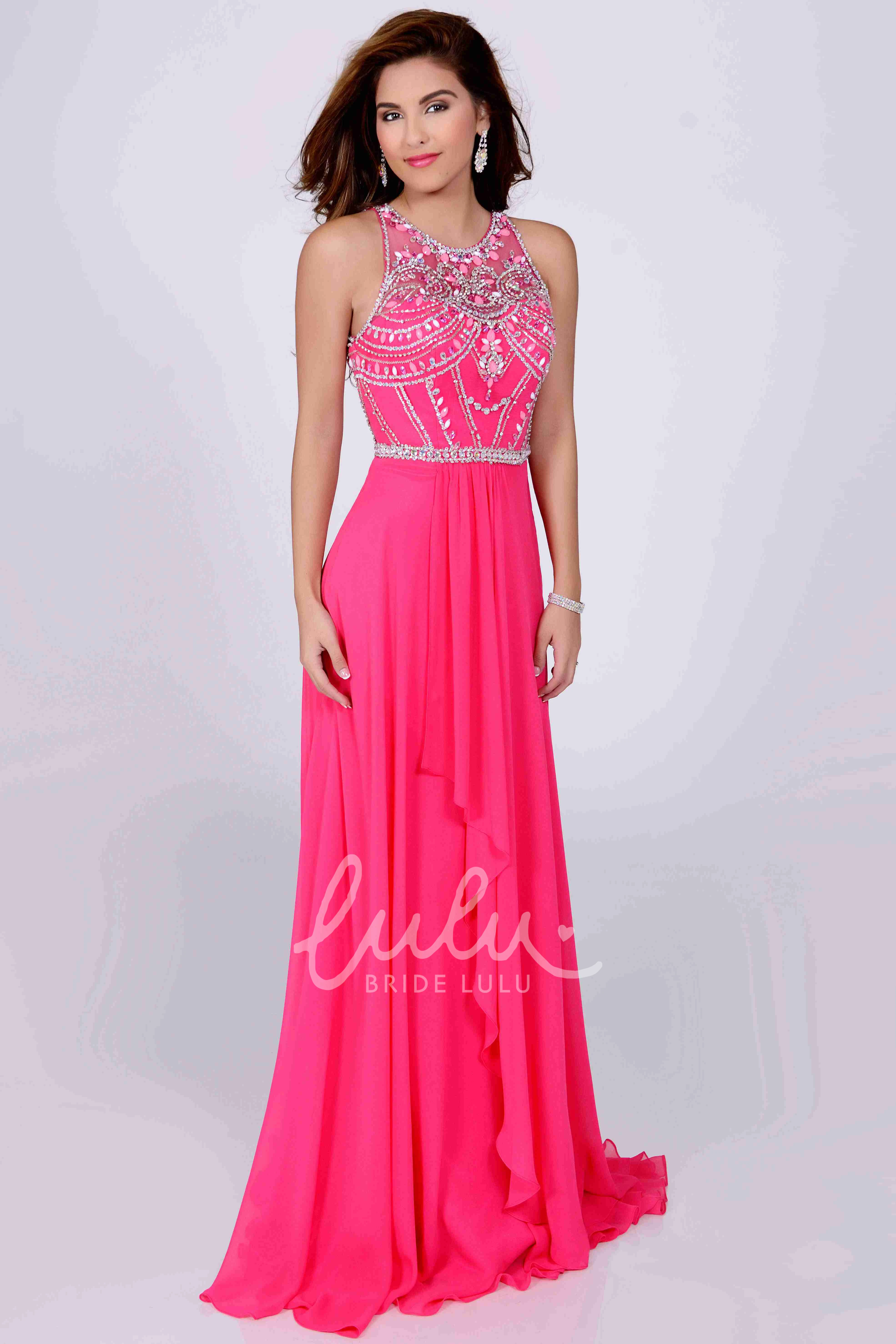 Sleeveless A-Line Chiffon Prom Dress with Jeweled Neckline and Front Draping