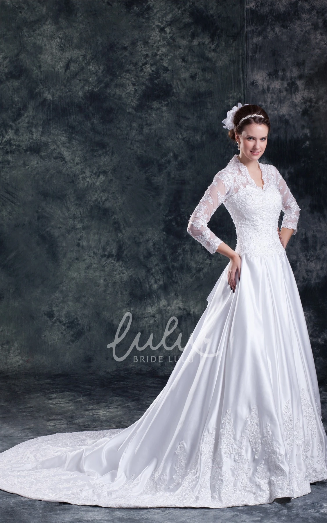 Modest A-line Lace Wedding Gown with Scalloped-Neck and 3/4 Sleeves Unique Bridal Dress