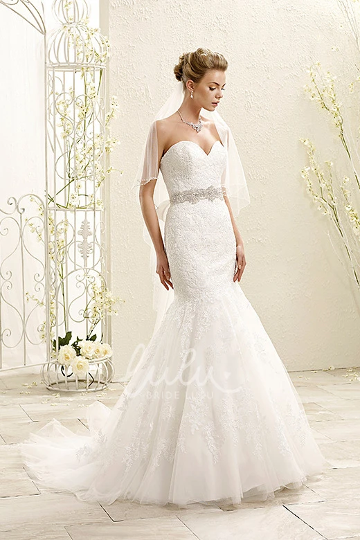 Jeweled Sweetheart Mermaid Lace Wedding Dress with Sweep Train Unique Bridal Gown