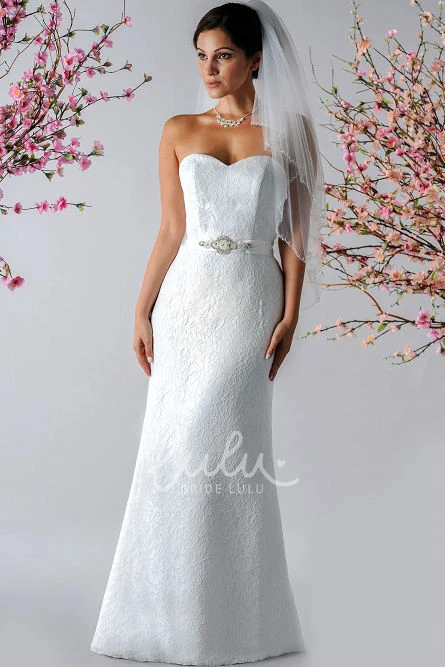 Sheath Wedding Dress with Sweetheart Neckline Lace and Pearl Satin Sash