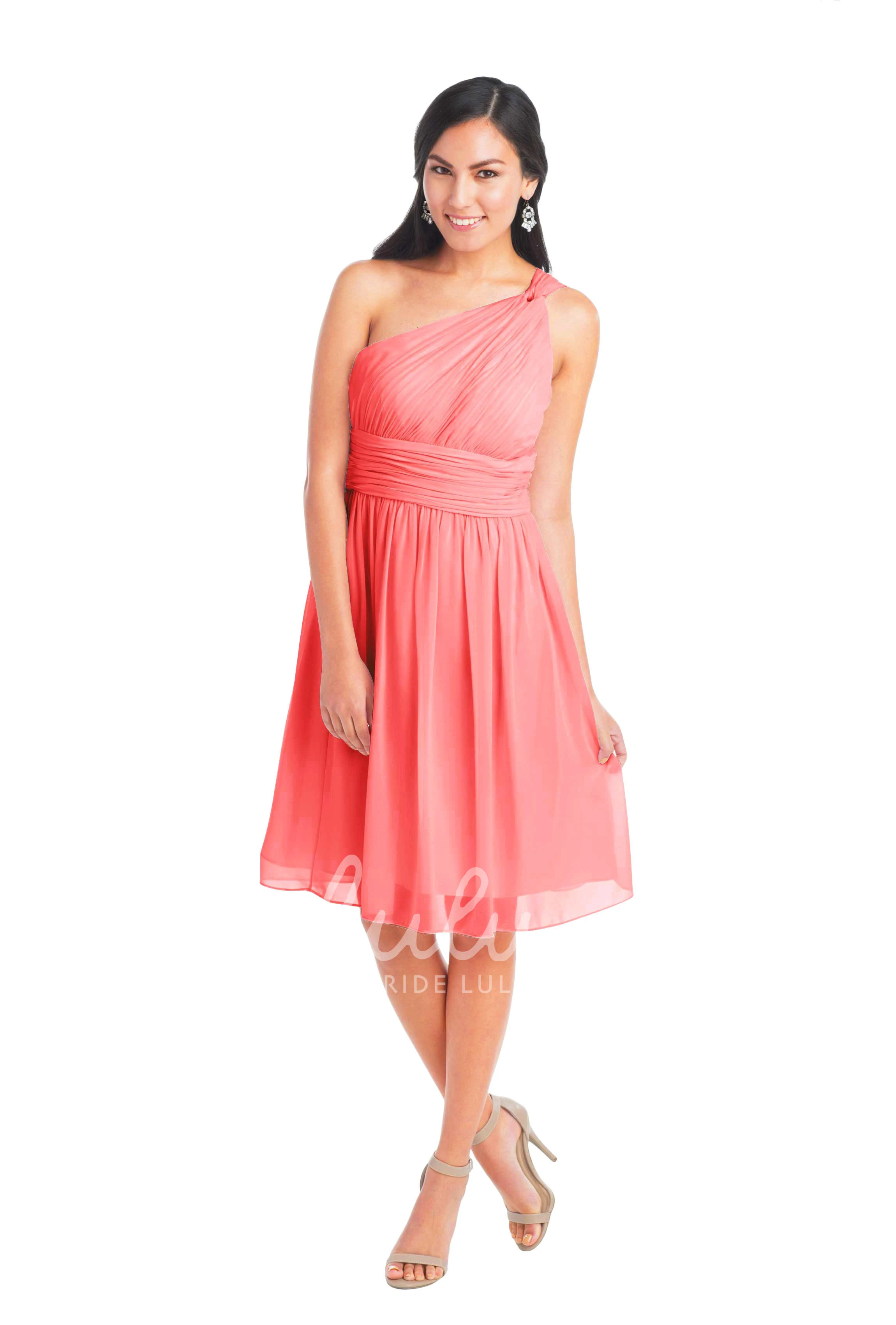 Knee-Length One-Shoulder Ruched Chiffon Convertible Bridesmaid Dress Sleeveless Muti-Color Straps