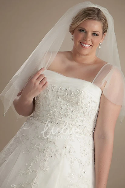 Tulle Appliqued Poet-Sleeve Ball Gown Plus Size Wedding Dress with Beading