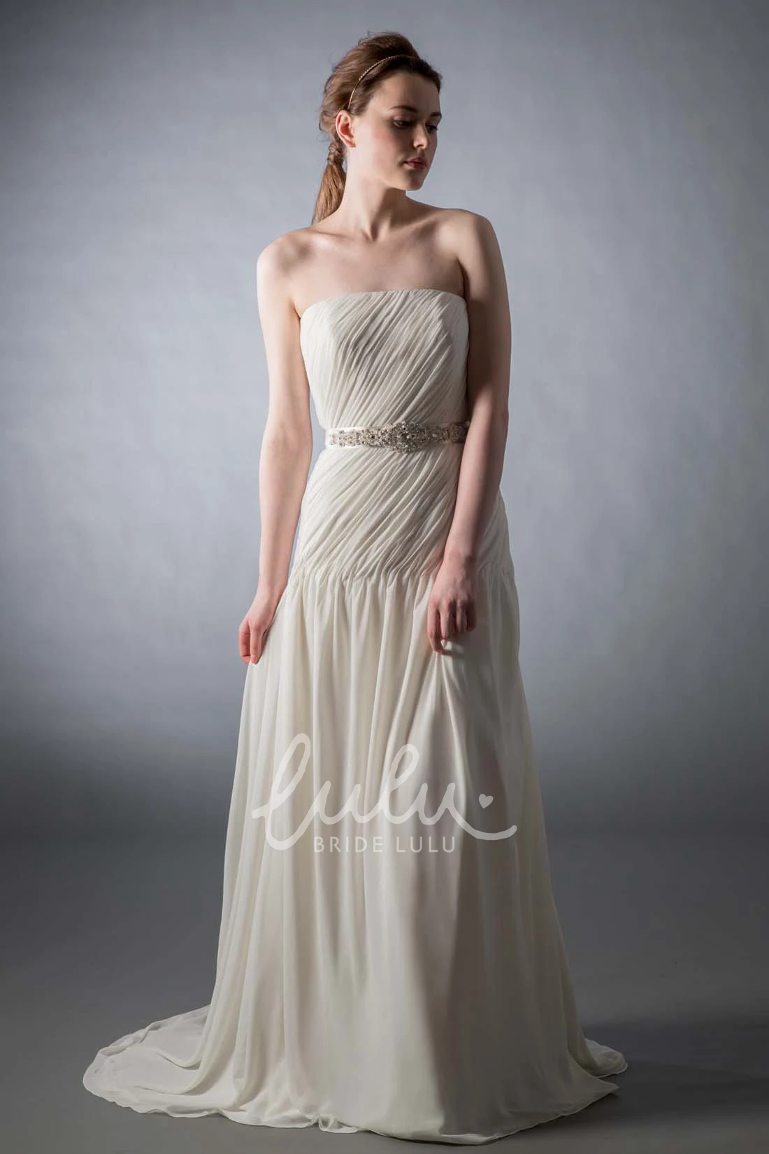 Chiffon Wedding Dress Maxi Strapless Ruched Bowed Sweep Train