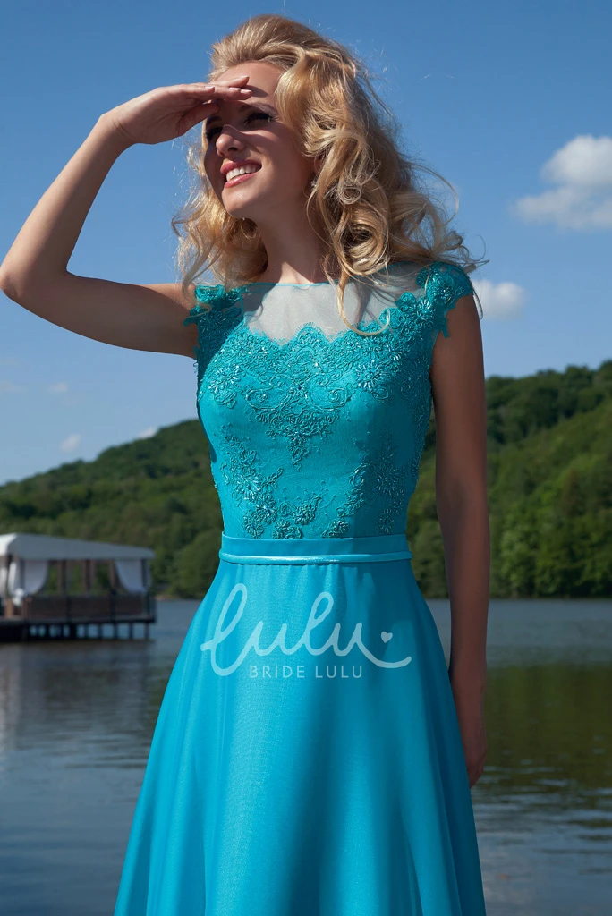 Jewel-Neck Chiffon Prom Dress with Bow Appliqued Cap-Sleeve Long