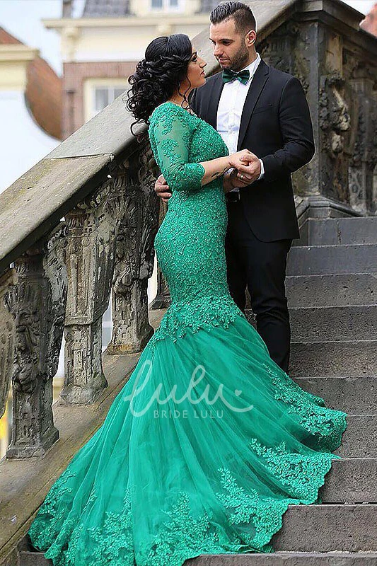 V-neck Lace Tulle Mermaid Prom Dress with 3/4 Length Sleeves