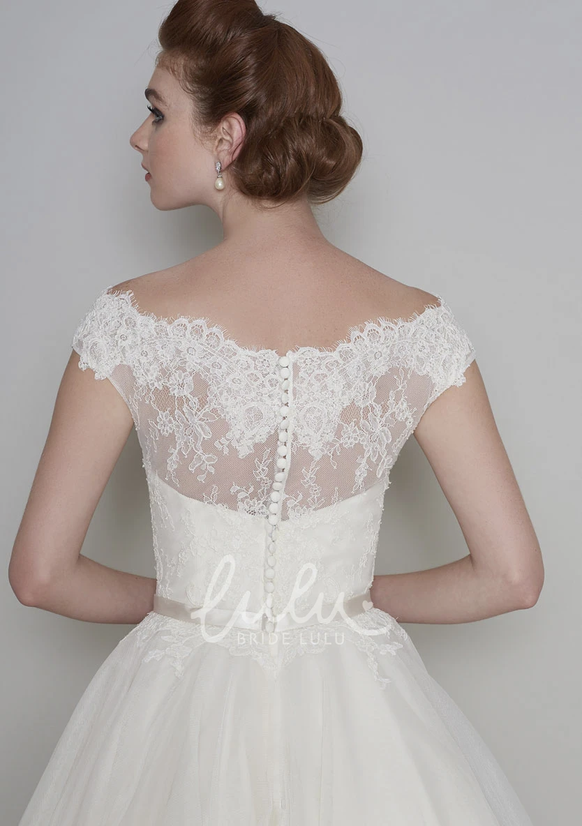 Vintage Lace V-neck Tea Length Wedding Dress with Cap Sleeves and Buttons