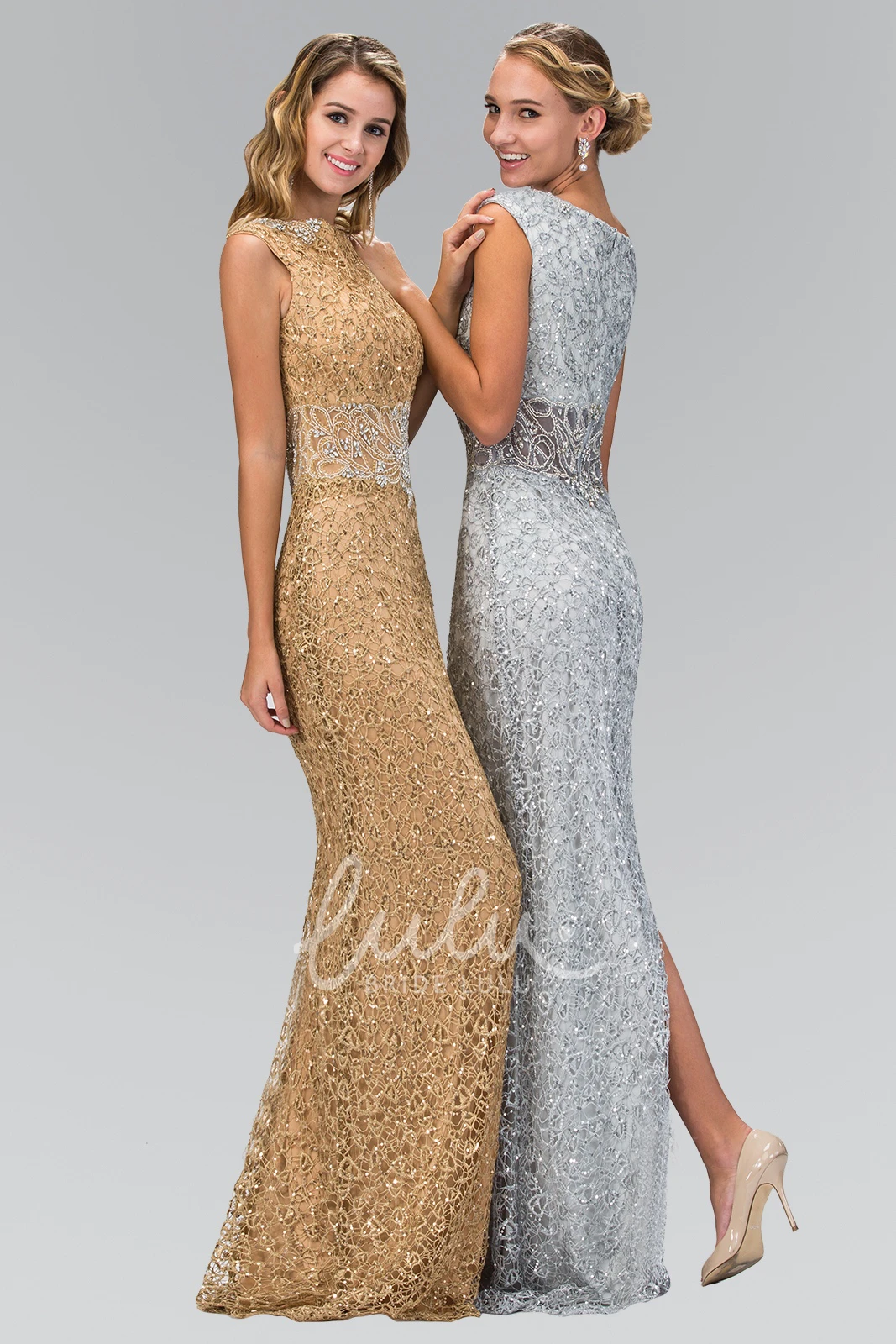 Long Lace Sheath Dress with Beading and Bateau Neckline