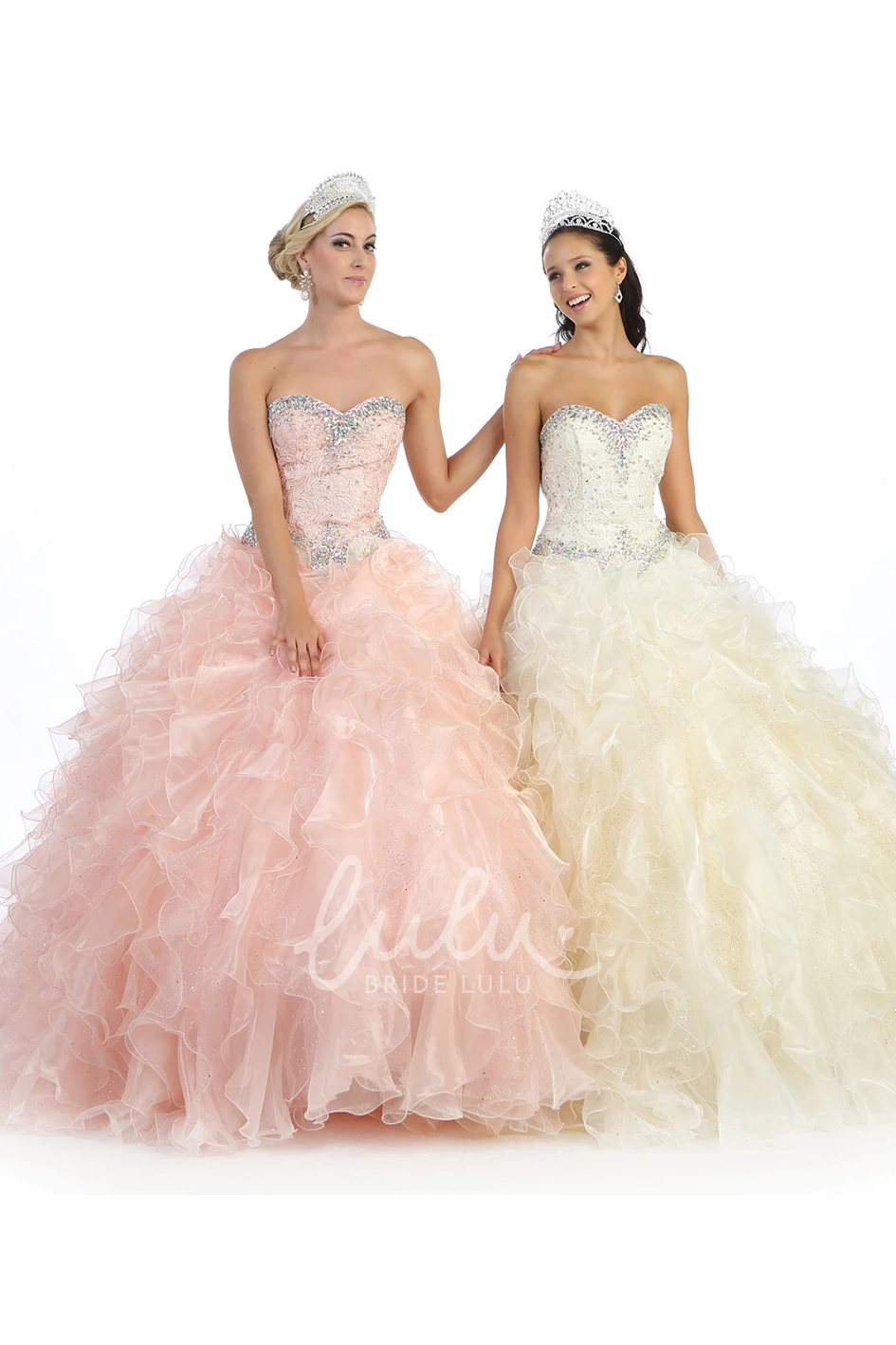 Beaded Ruffled Ball Gown Dress Sweetheart Organza Lace-Up