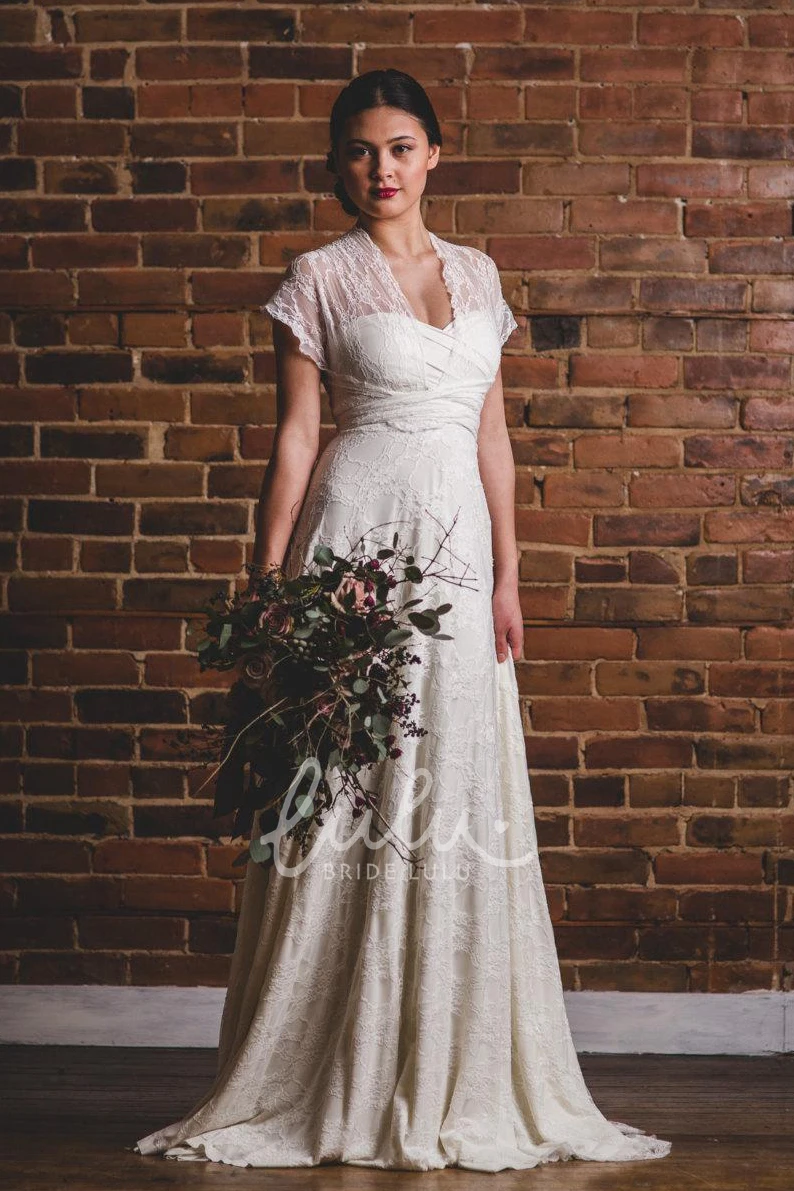 Modest Floral Boho Full Lace Short Sleeve A-Line Wedding Dress Romantic Hall Country Convertible Criss Cross Back Sweep Train Bridal Gown