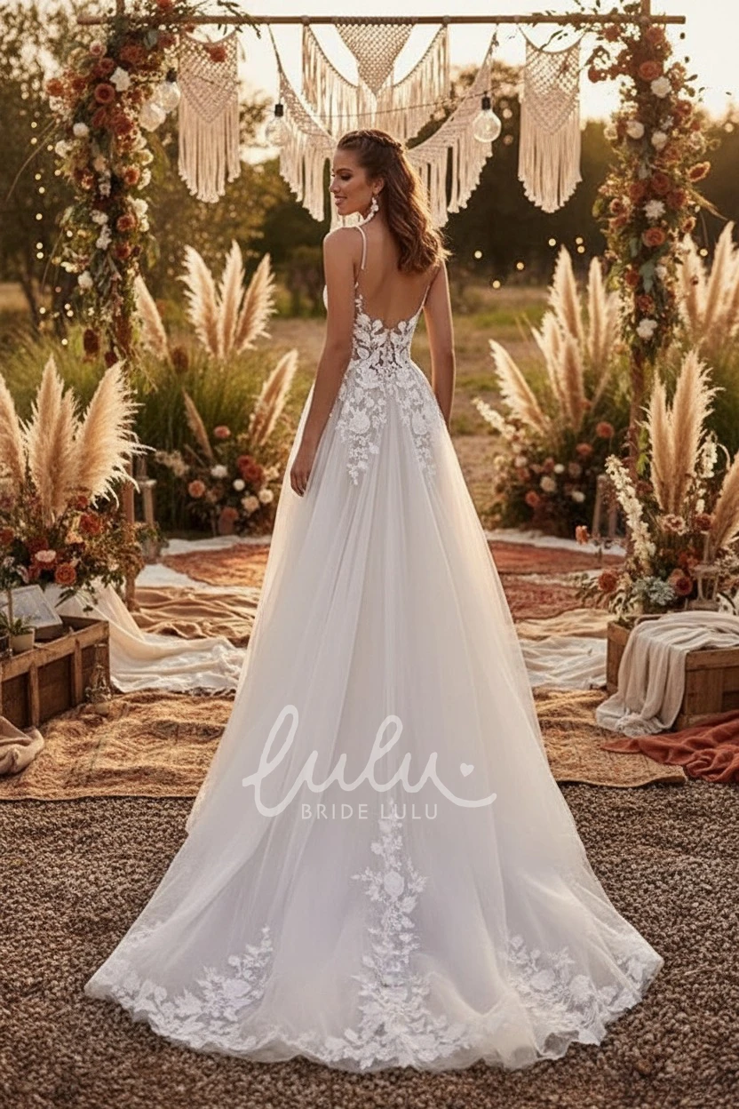 Sexy Romantic A-Line Lace Flowers Tulle Spaghetti Plunging Neckline Spring Wedding Dress Ethereal Elegant Sleeveless Floor-length Deep-V Back Garden Bridal Gown with Train