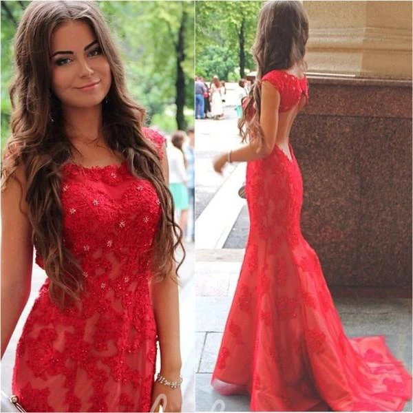 Red Mermaid Prom Dress with Lace Appliques Sexy Jewel Sweep Train