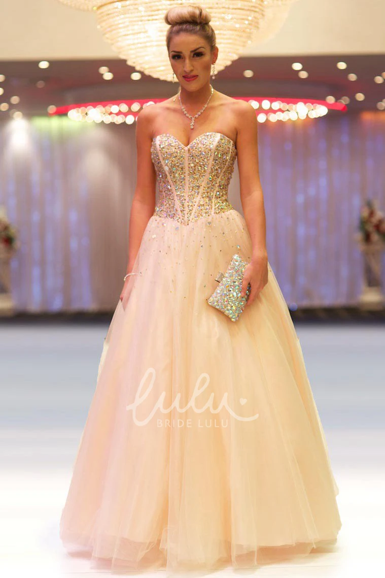 Beaded Tulle Prom Dress with Pleats Long Sleeveless A-Line
