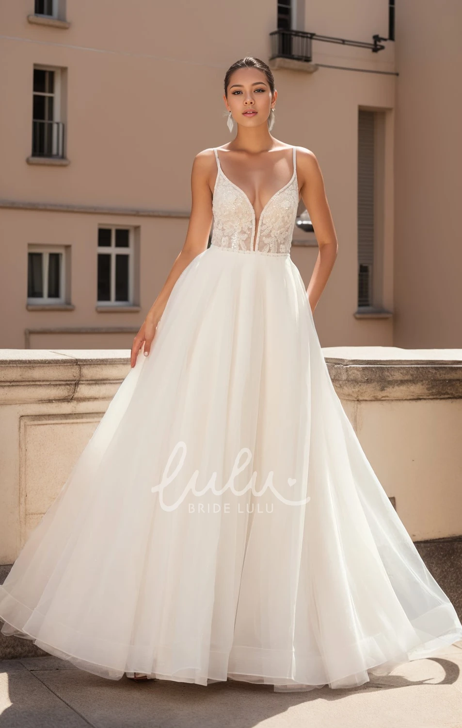 Romantic Spaghetti A-Line Tulle Wedding Dress Sexy Plunging Beading Bridal Gown