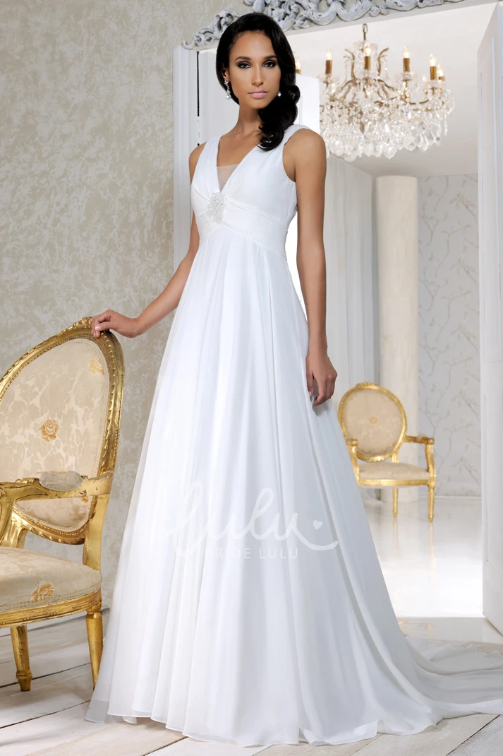 Chiffon V-Neck Empire Wedding Dress with Pleats and Court Train