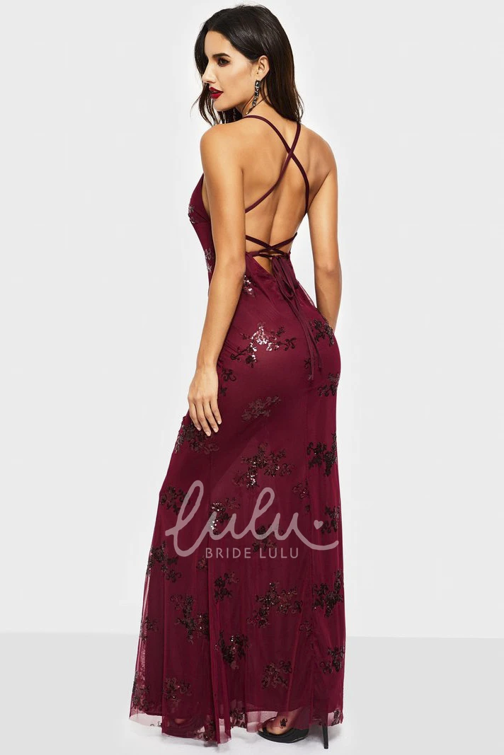 Sexy V-neck Sheath Tulle Formal Dress with Sequin Appliques and Straps