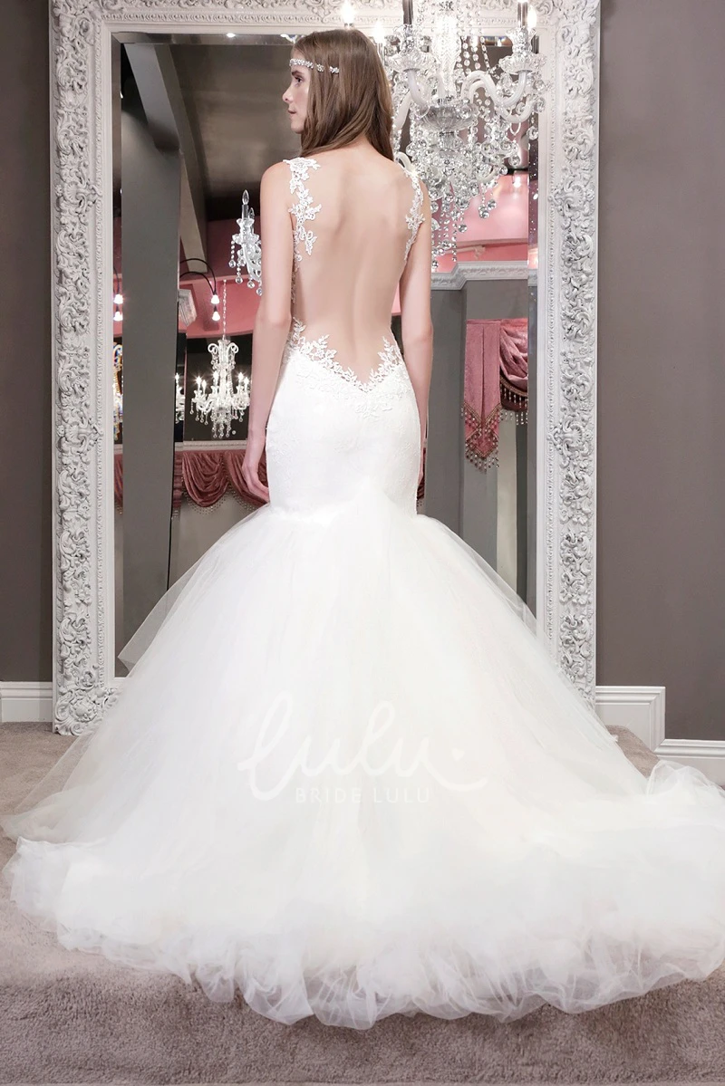 Mermaid Spaghetti Tulle Wedding Dress with Appliques and Ruffles Flowy Beach Bridal Gown