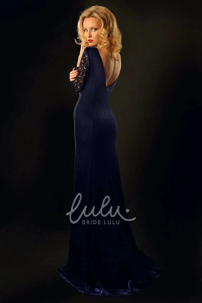 Long Lace Sheath Prom Dress with 3-4 Sleeves and Scoop Neck