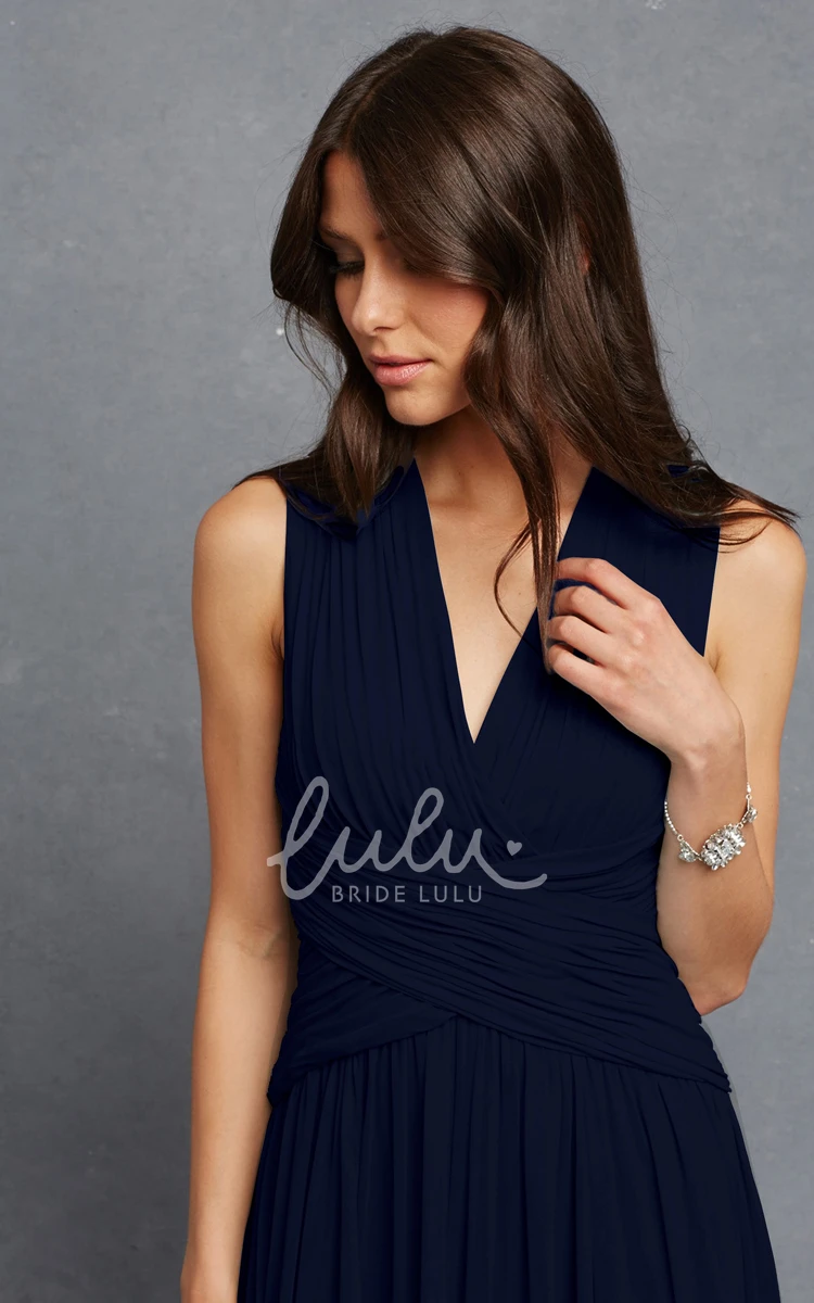 V-Neck Sleeveless Chiffon Dress with Ruching and Crisscross Detail