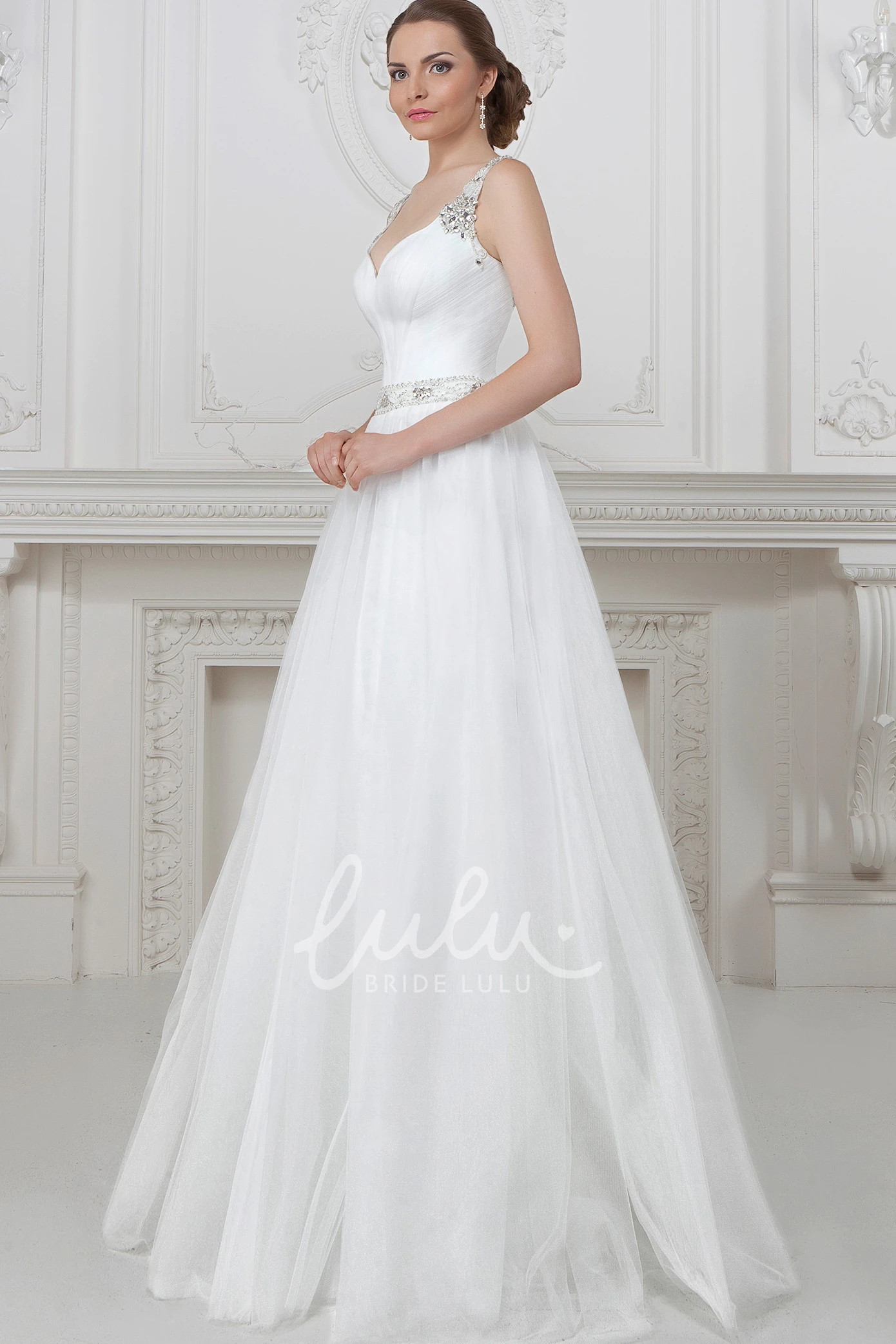 Beaded Tulle Wedding Dress with A-Line Silhouette and Floor-Length Hem Classic Wedding Dress
