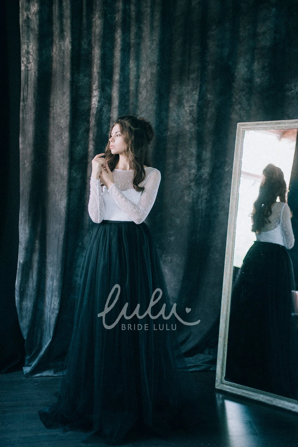 Black Pleated Lace Sheath Wedding Dress Bateau Deep-V Back Long Sleeve Floor-length