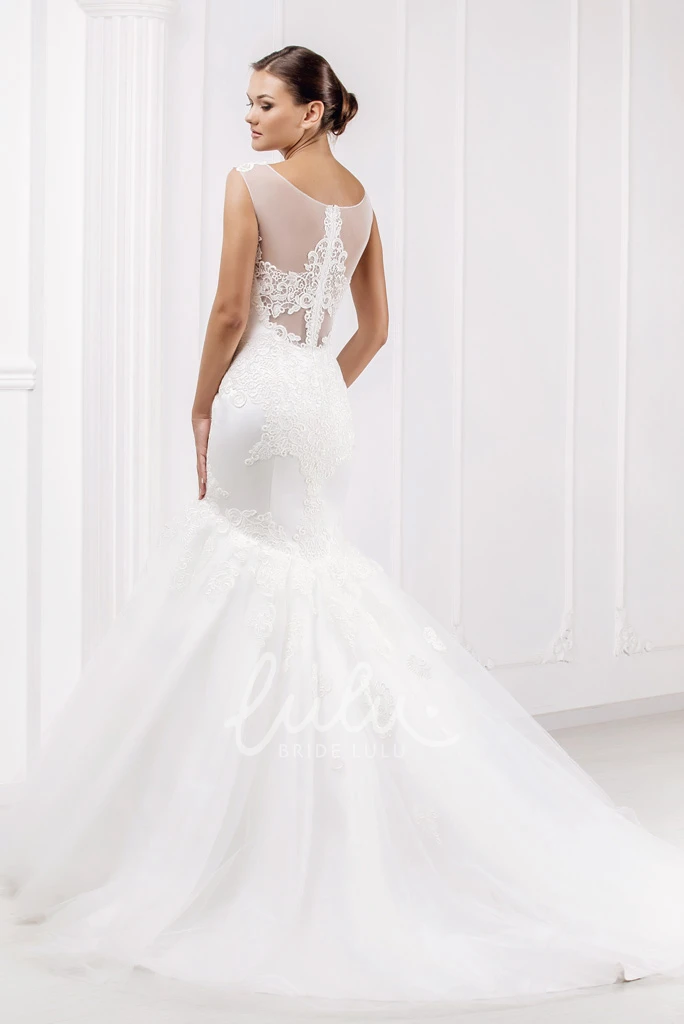 Mermaid Tulle&Lace Wedding Dress with Illusion Back and Court Train Modern Wedding Dress