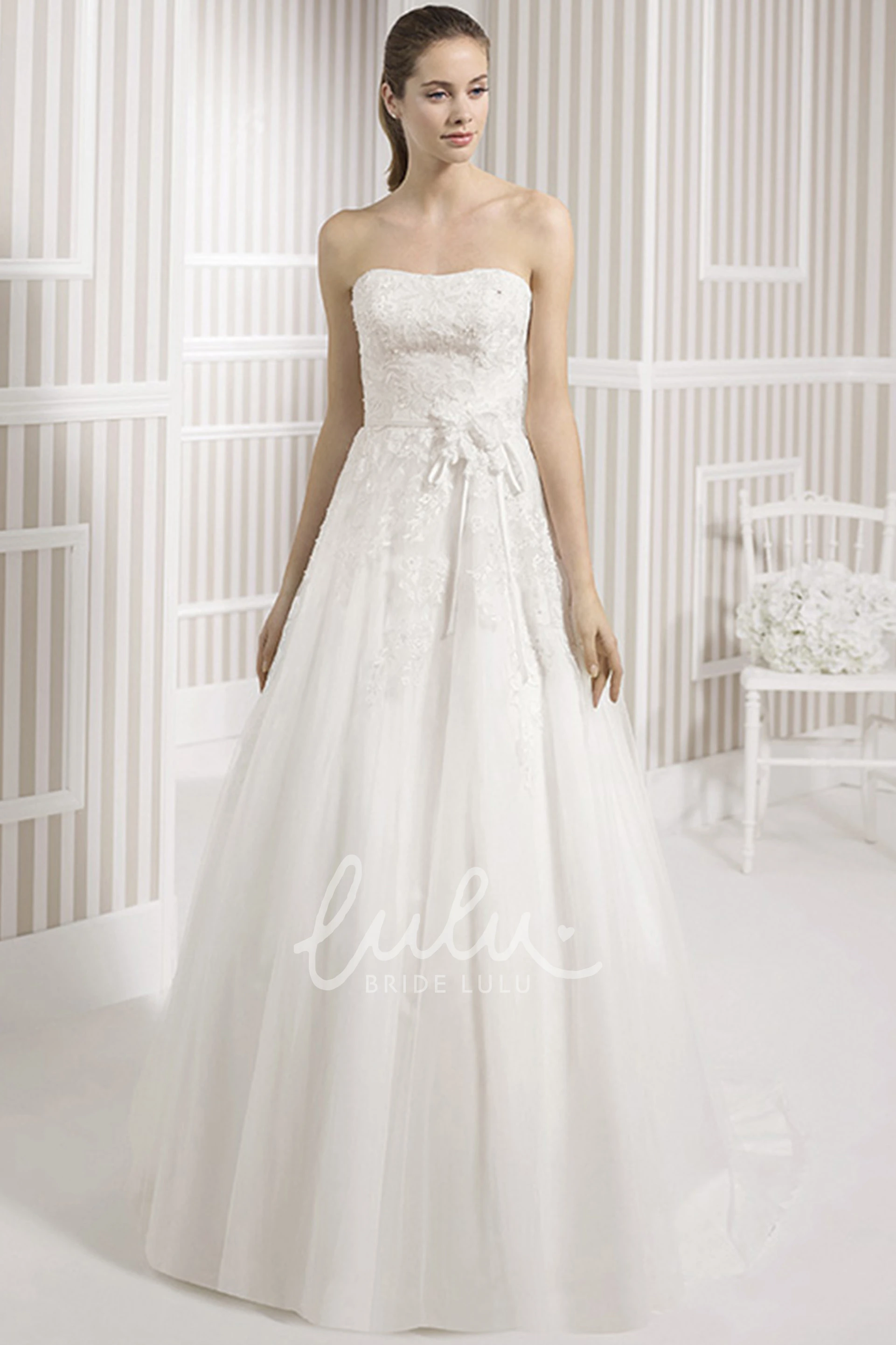 Strapless Sleeveless A-Line Spring Wedding Dress with Appliques and Backless Style