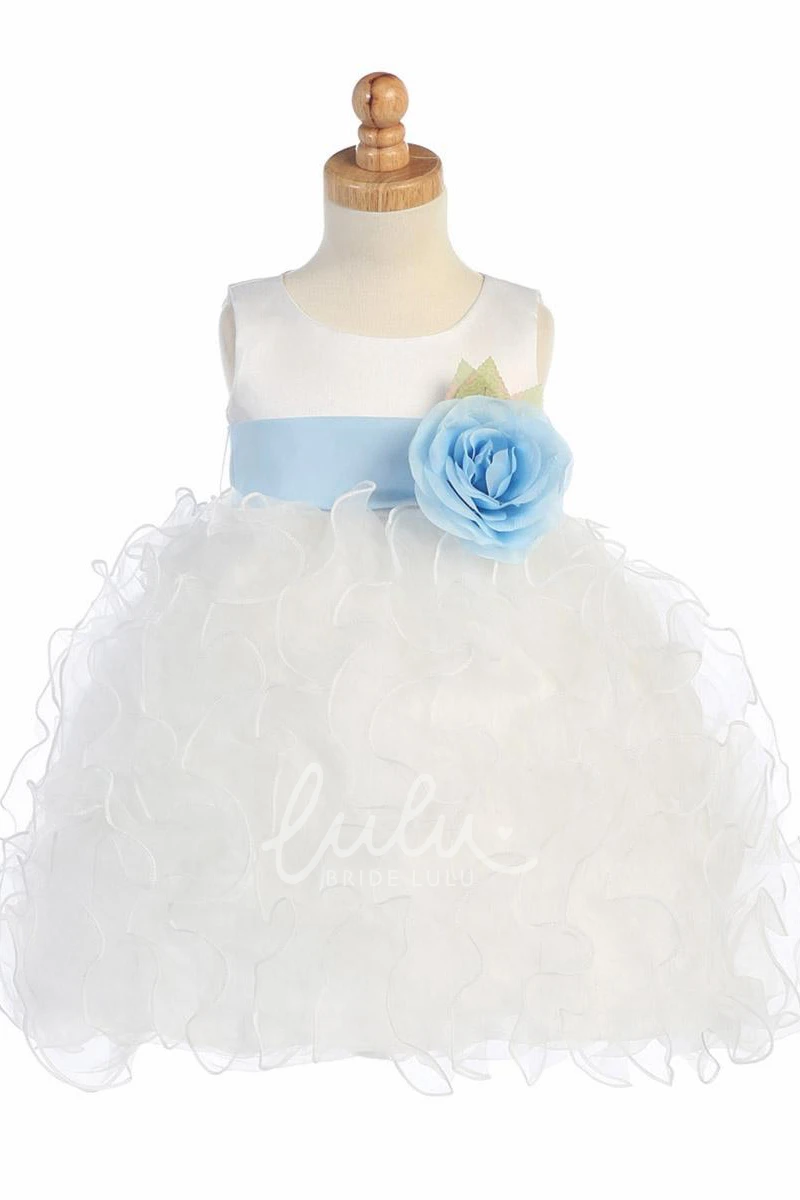 Floral Tea-Length Organza & Satin Flower Girl Dress with Ruffles Elegant Tea-Length Floral Flower Girl Dress