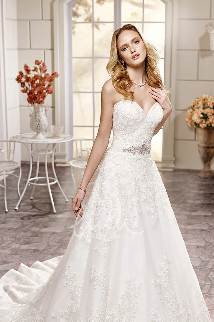 A-Line Sweetheart Floor-Length Lace&Satin Wedding Dress with Jeweled Appliques and Sash