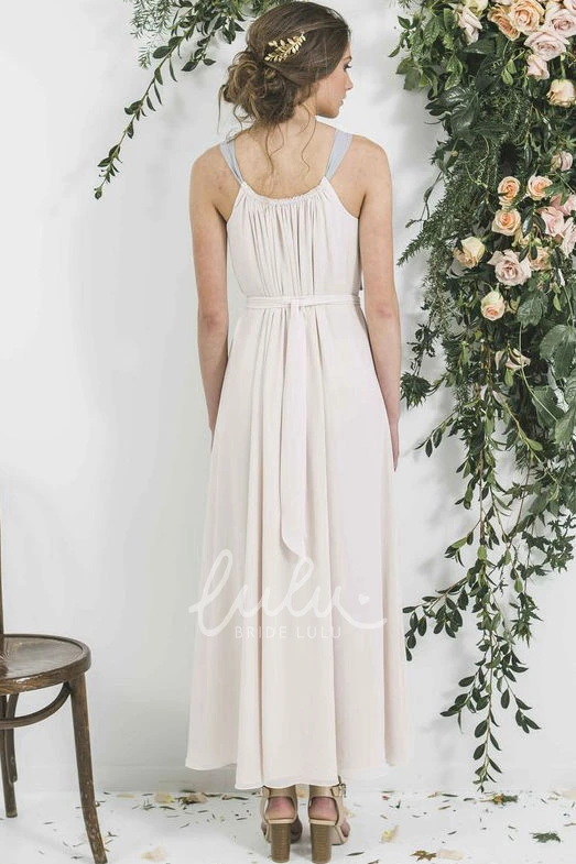 Strapped Sleeveless Chiffon Bridesmaid Dress with Ankle-Length Hem and Ribbon