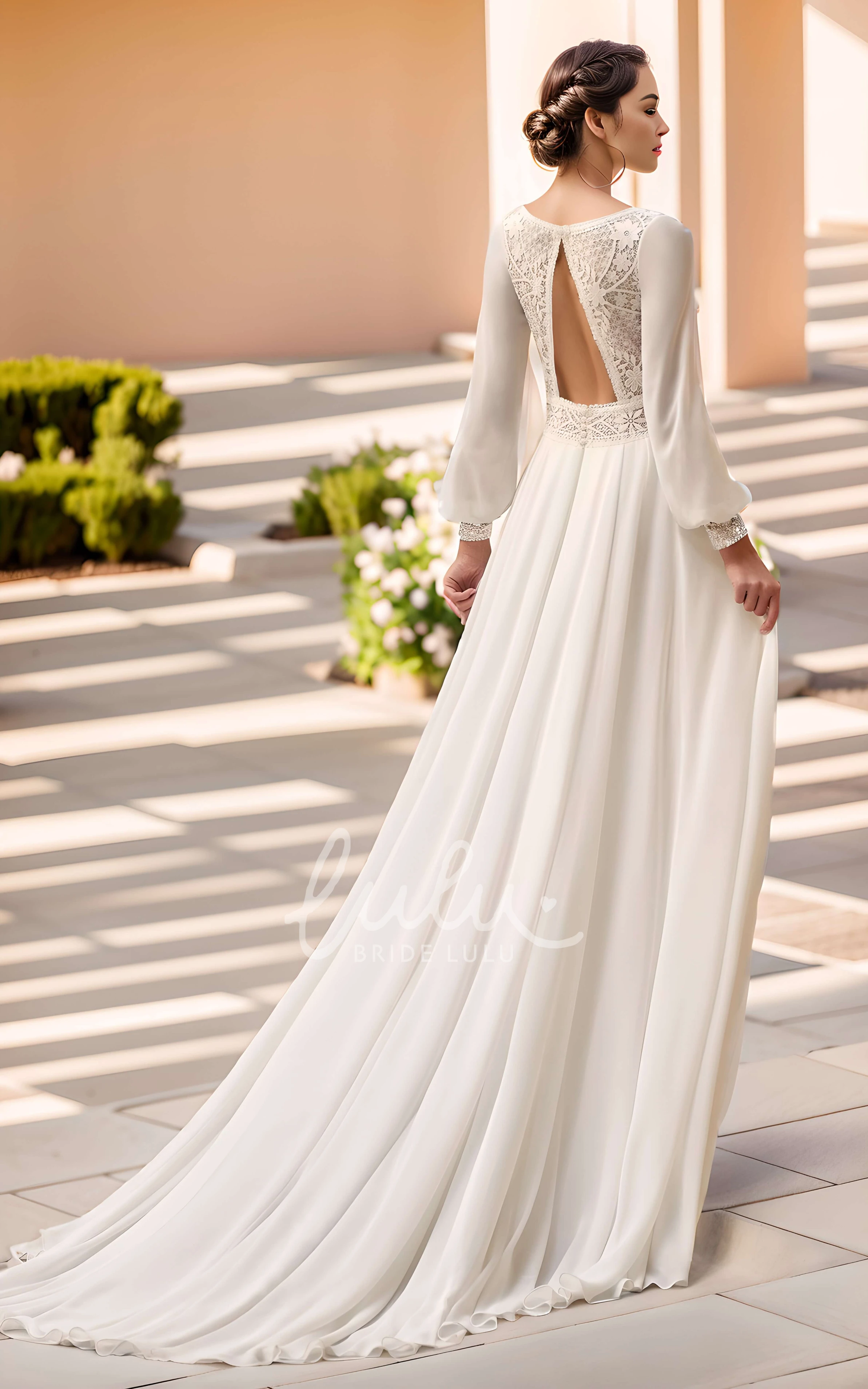 Ethereal Romantic Plunging Neckline A-Line Chiffon Lace Winter Wedding Dress Elegant Vintage Puff Long Sleeve Backless Split Floor-length Bridal Gown with Train