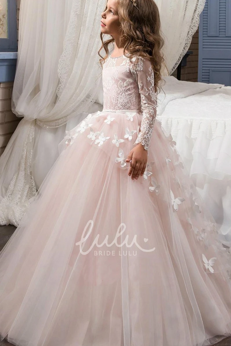 Tulle and Lace Flower Girl Dress with Bateau Neckline and Long Sleeves