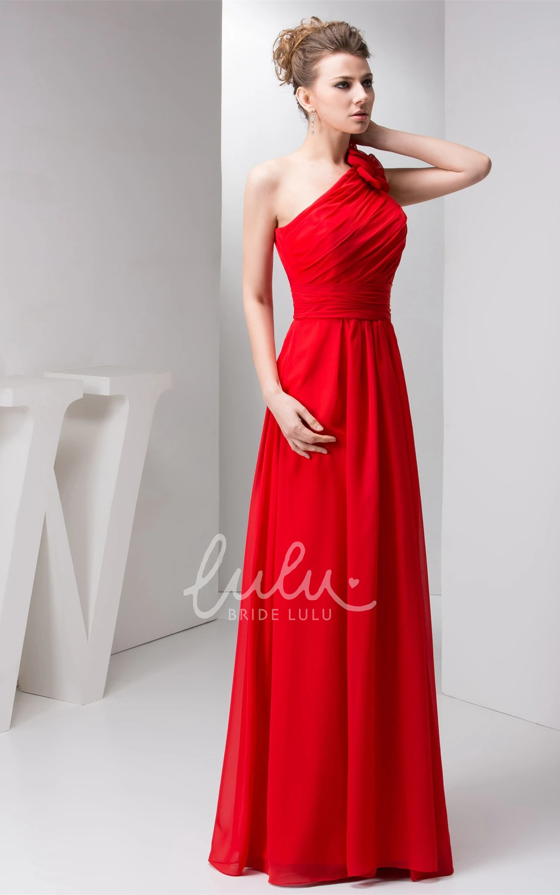 One-Shoulder Maxi Prom Dress with Floral Epaulet and Ruching