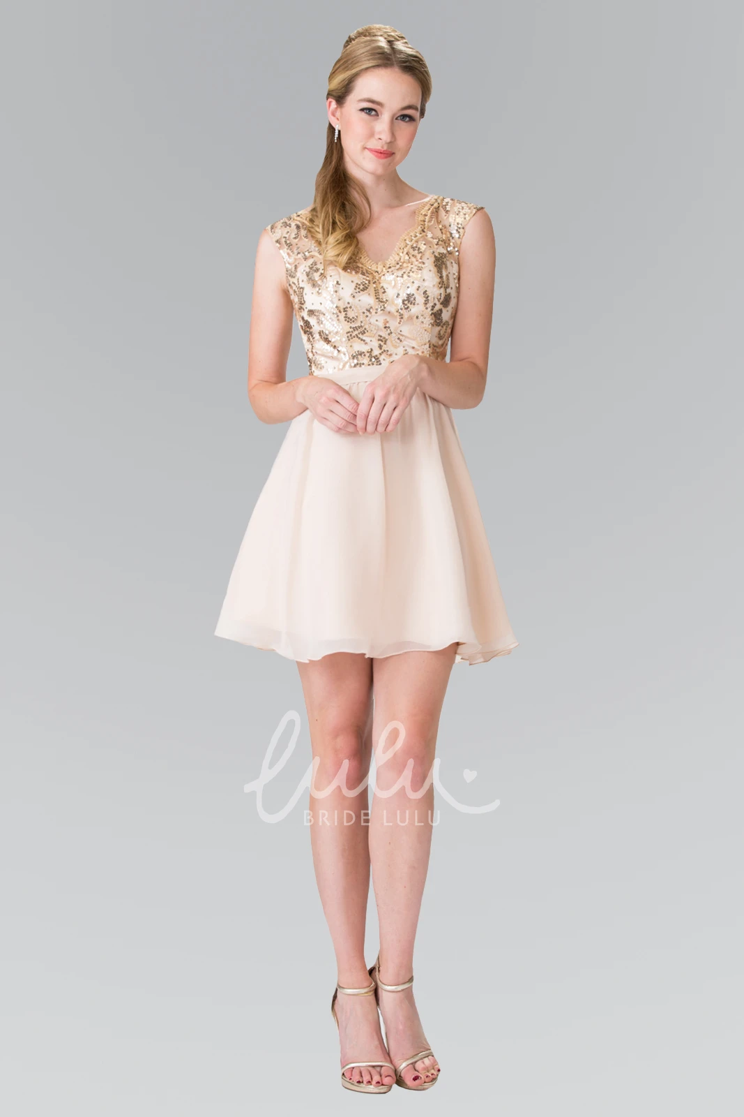 Chiffon Sequin A-Line Short V-Neck Sleeveless Formal Dress