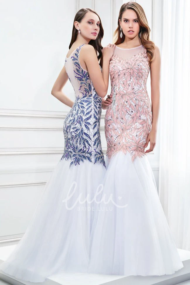 Beaded Mermaid Illusion Back Prom Dress Sleeveless Scoop Neck