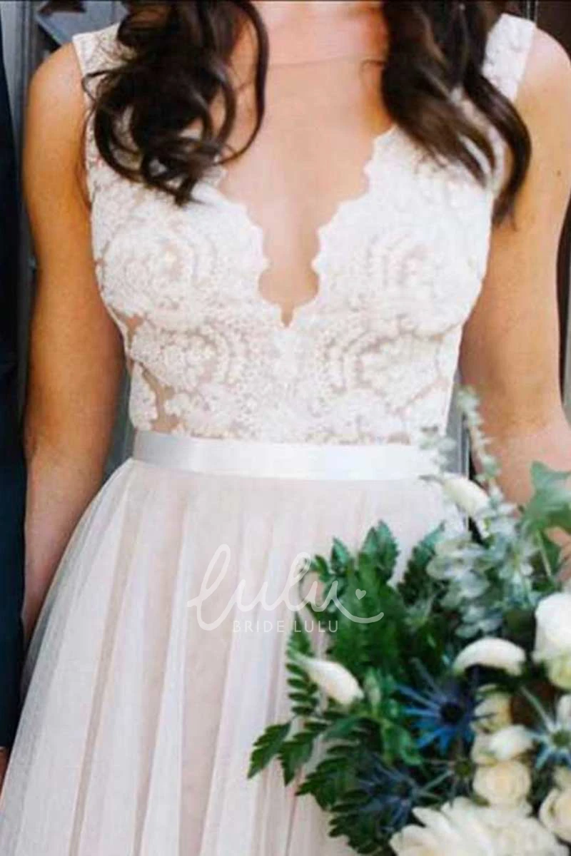 V-Neck A-Line Tulle Dress with Lace Top Modern Wedding Dress
