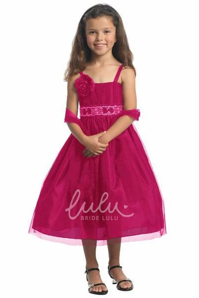 Sequin Bow Tea-Length Spaghetti Dress Cute Flower Girl Dress with Cape