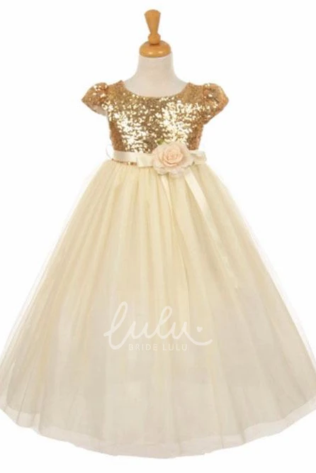 Empire Short Floral Flower Girl Dress with Tulle and Sequins